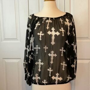 R Rouge‎ Black Cross Sheer Top Small Gothic Goth